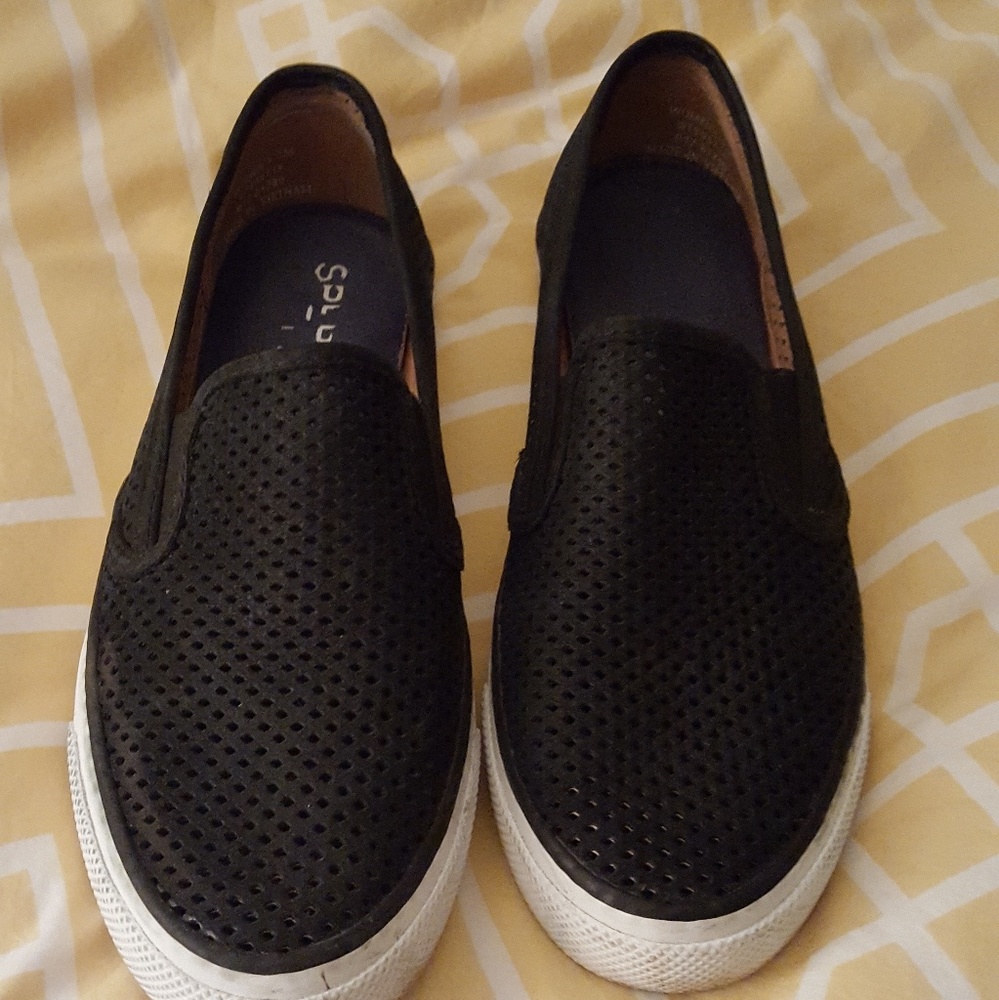 Sperry black perforated leather slip on sneakers